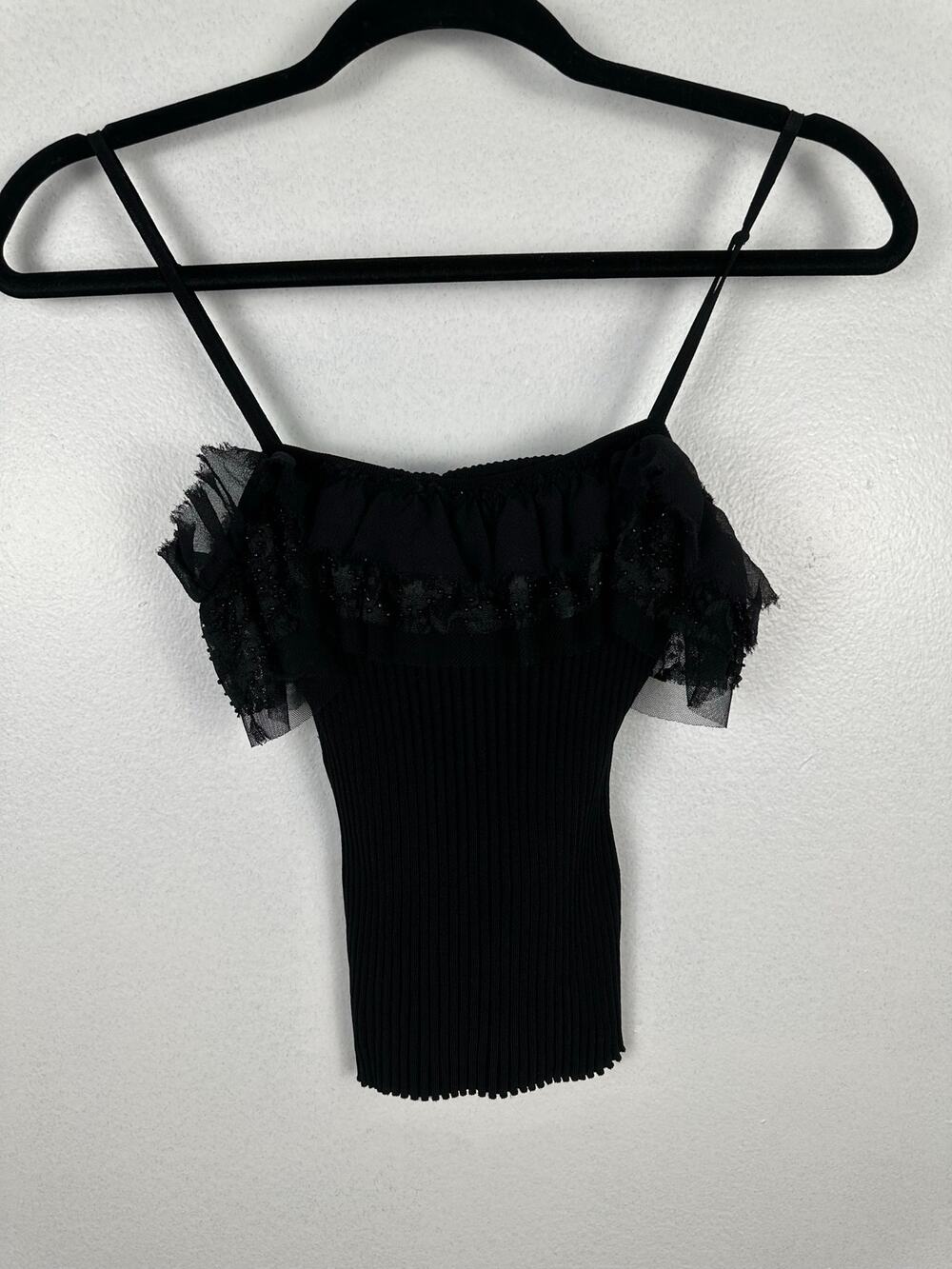 Guess vintage Y2K black ribbed camisole top spaghetti straps ruffle chest Medium